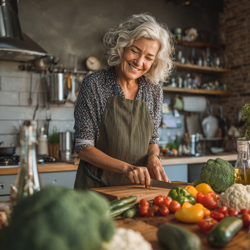 Smiling middle-aged Ukrainian woman in a bright kitchen holding a colorful plate of healthy vegetables and grains, looking content and mindful about her meal
