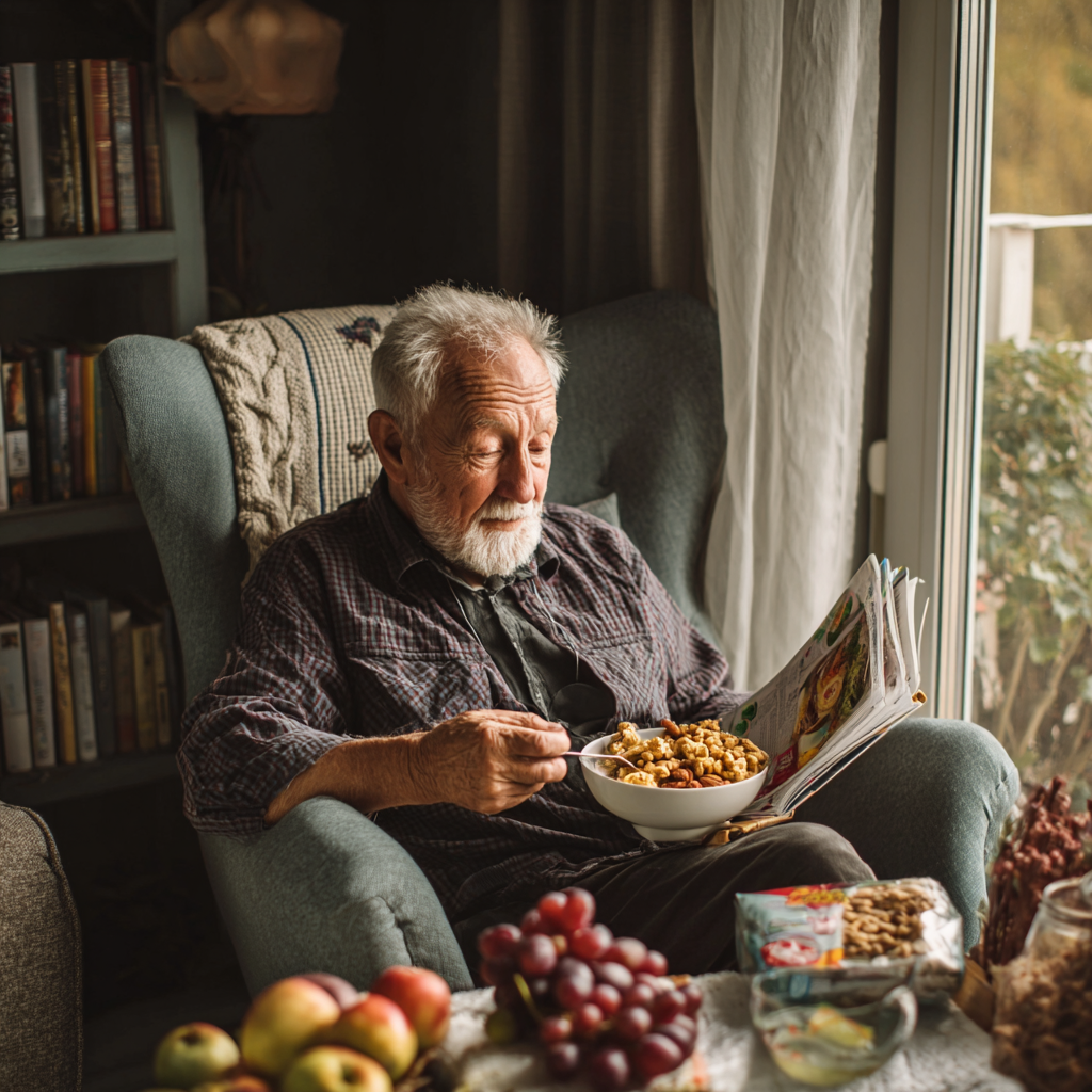 Group of diverse Ukrainian adults of different ages sitting around a table, sharing a healthy meal together, all appearing relaxed and happy in conversation