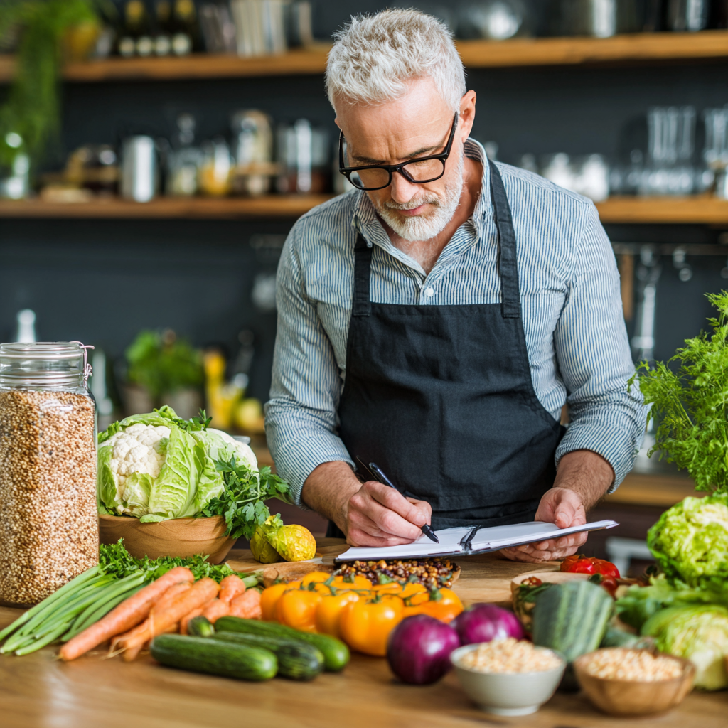 Happy elderly Ukrainian man in athletic wear standing in a home gym, flexing his arm muscles with a proud smile, demonstrating improved physical strength